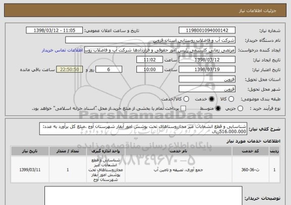 استعلام شناسایی و قطع انشعابات غیر مجازروستاهای تحت پوشش امور آبفار شهرستان آوج .مبلغ کل برآورد به عدد:  516،000،000ریال 