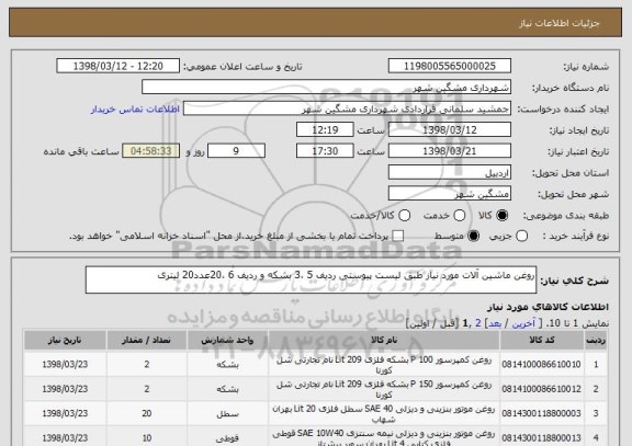 استعلام روغن ماشین آلات مورد نیاز طبق لیست پیوستی ردیف 5 ،3 بشکه و ردیف 6 ،20عدد20 لیتری