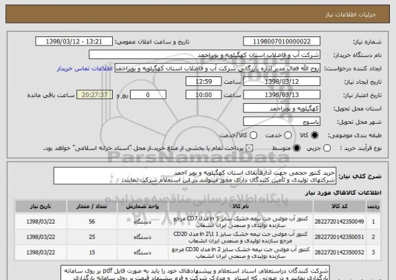 استعلام خرید کنتور حجمی جهت ادارهآبفای استان کهگیلویه و بویر احمد 
شرکتهای تولیدی و تأمین کنندگان دارای مجوز میتوانند در این استعلام شرکت نمایند.