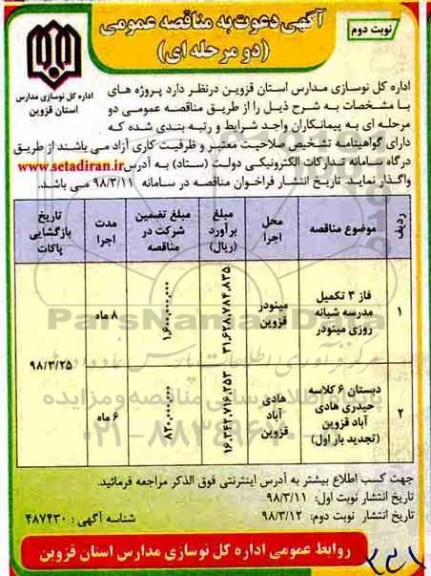 آگهی دعوت به مناقصه عمومی, مناقصه تکمیل مدرسه شبانه روزی نوبت دوم 