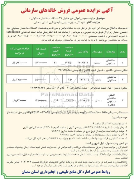مزایده مزایده فروش 3 دستگاه ساختمان مسکونی 
