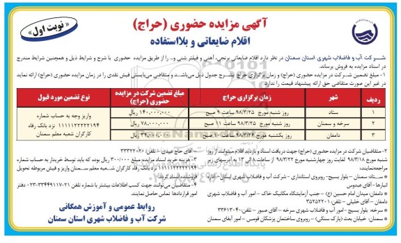 مزایده حضوری, مزایده  اقلام ضایعاتی برنجی، آهنی و فیلتر شنی و ...