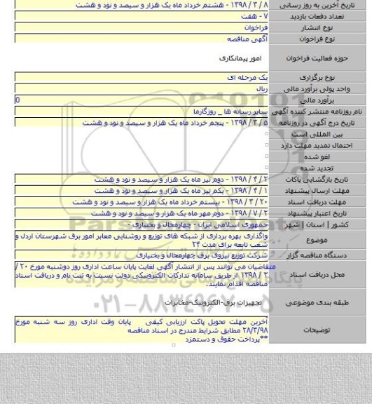 مناقصه واگذاری بهره برداری از شبکه های توزیع و روشنایی معابر امور برق شهرستان اردل  و شعب تابعه برای مدت ۲۴