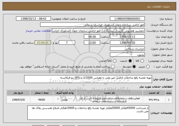استعلام تهیه نقشه رفع تداخلات اراضی غیر ملی با مقیاس 1/2000 با GPS دو فرکانسه
