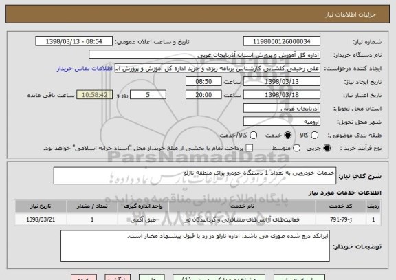 استعلام خدمات خودرویی به تعداد 1 دستگاه خودرو برای منطقه نازلو