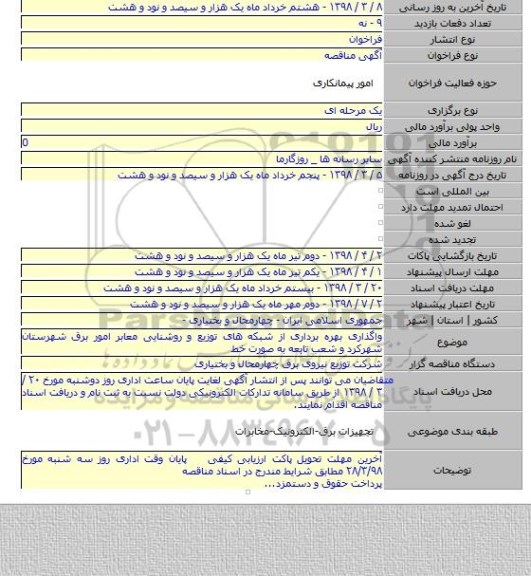 مناقصه واگذاری بهره برداری از شبکه های توزیع و روشنایی معابر امور برق شهرستان شهرکرد و شعب تابعه به صورت خط