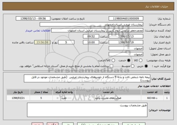 استعلام بیمه نامه شخص ثالث و بدنه 5 دستگاه از خودروهای بیمارستان غرضی  {طبق مشخصات موجود در فایل پیوست}