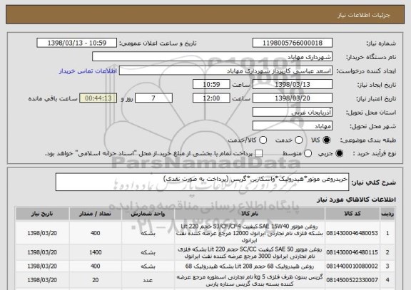 استعلام خریدروغن موتور*هیدرولیک*واسکازین*گریس (پرداخت به صورت نقدی)