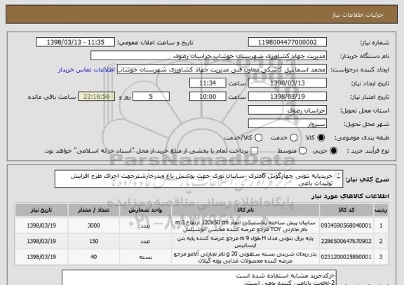 استعلام خریدپایه بتونی چهارگوش 6متری -سایبان توری جهت پوشش باغ وبذرخارشترجهت اجرای طرح افزایش تولیدات باغی

