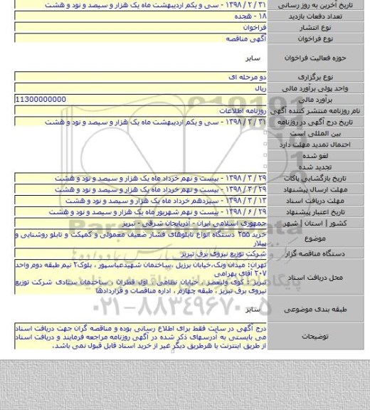 مناقصه خرید ۲۵۵ دستگاه  انواع تابلوهای فشار ضعیف معمولی و کمپکت و تابلو روشنایی و پیلار
