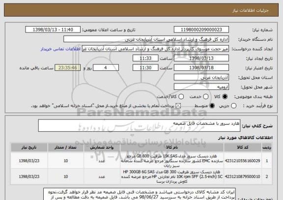 استعلام هارد سرور با مشخصات فایل ضمیمه 