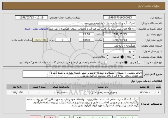 استعلام اجرای بخشی از شبکه و انشعابات متفرقه فاضلاب شهر یاسوج بصورت پراکنده (کد 1) 
شرکتهای دارای رتبه 5 آب و بالاتر میتوانند شرکت نمایند.