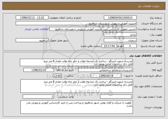استعلام مدرسه شهید اندرزگو - ساخت یک چشمه توالت و حفر چاه توالت مقدار 8 متر تیره 
قابل ذکر ساختمان اصلی وجود دارد