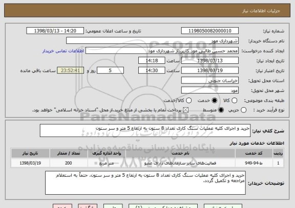 استعلام خرید و اجرای کلیه عملیات سنگ کاری تعداد 8 ستون به ارتفاع 5 متر و سر ستون 