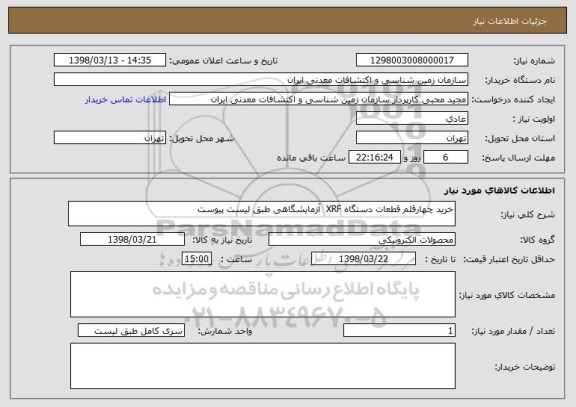 استعلام خرید چهارقلم قطعات دستگاه XRF  آزمایشگاهی طبق لیست پیوست