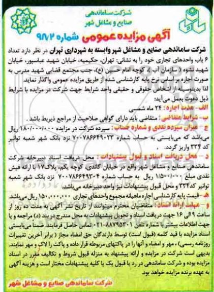 مزایده واگذاری تعداد 6 باب واحدهای تجاری