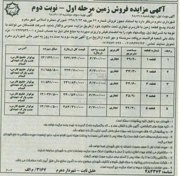 مزایده ,مزایده فروش پنج قطعه زمین کاربری تجاری مرحله اول نوبت دوم