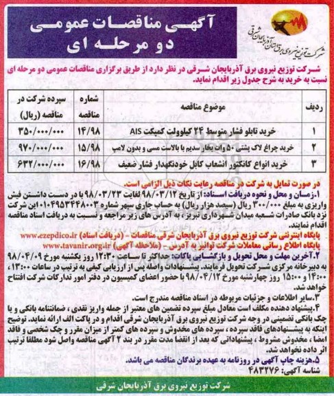مناقصه خرید تابلو فشار متوسط