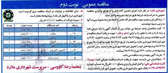 مناقصه , مناقصه اجرای ماشین آلات- نوبت دوم 