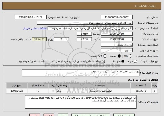 استعلام روشنایی معابر کال میانی سبزوار- نوبت دوم