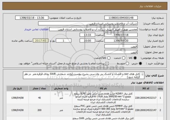 استعلام کابل های swr و افشان و خشک پی وی سی بشرح پیوست.(واحد شمارش SWR بجای قرقره،متر  در نظر گرفته شود)
از کدهای مشابه استفاده شده است.
