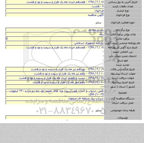 تأمین استاب و احداث فونداسیون پایه های قطعه اول خط دو مداره ۲۳۰ کیلوولت...(۹۸۰/۱۰۰۳)
