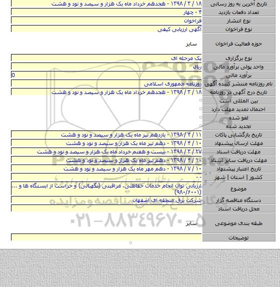 ارزیابی توان انجام خدمات حفاظتی، مراقبتی (نگهبانی) و حراست از ایستگاه ها و ...(۹۸۰/۶۰۰۱)