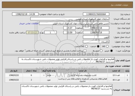 استعلام فعالیتها و اقدامات الویت دار محصولات باغی در راستای افزایش تولید محصولات باغی شهرستان تاکستان به سر رسید 98/06/27