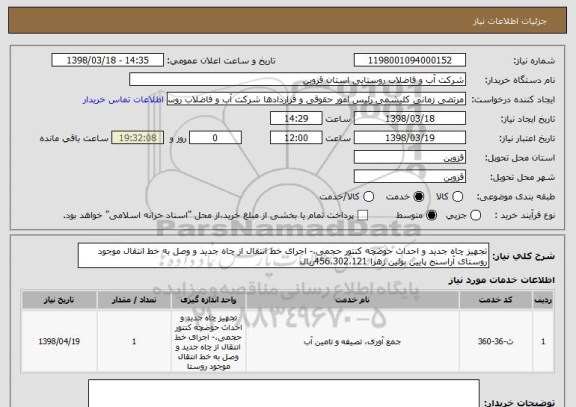 استعلام تجهیز چاه جدید و احداث حوضچه کنتور حجمی،- اجرای خط انتقال از چاه جدید و وصل به خط انتقال موجود روستای آراسنج پایین بوئین زهرا 456،302،121ریال 