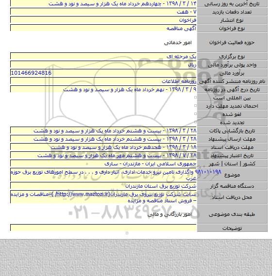 ۹۸۱۰۱۰۱۹۸    واگذاری تامین نیرو خدمات اداری، انبار داری و . . .  در سطح امورهای توزیع برق حوزه غرب