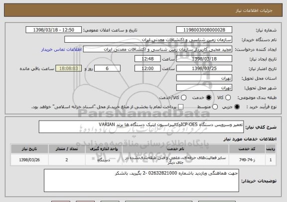 استعلام تعمیر وسرویس دستگاه ICP-OESوکالیبراسیون اپتیک دستگاه ها برند VARIAN