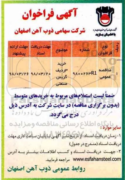 فراخوان خرید 3 ردیف گریس صنعتی