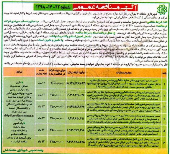 آگهی مناقصه عمومی , مناقصه تعمیر و ترمیم معابر شهری شامل عملیات لکه گیری هندسی