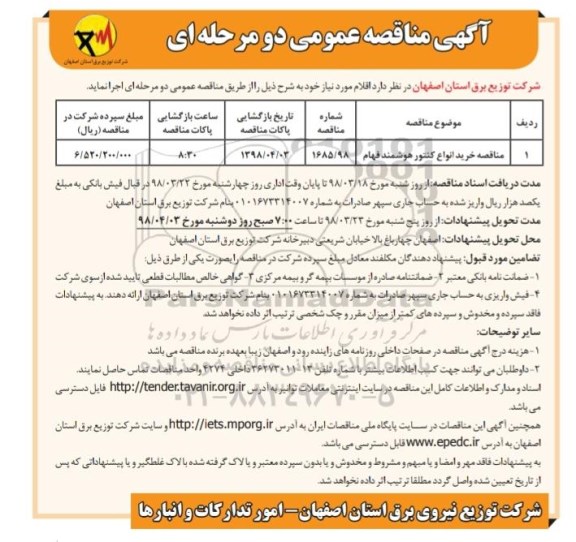 آگهی مناقصه عمومی , مناقصه خرید انواع کنتور هوشمند فهام 