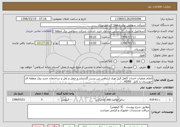 استعلام انجام عملیات احداث کامل فیبر نوری ارتباطی بین پست گلستان و حمل و نقل و ساختمان جدید برق منطقه ای خوزستان با کابل  ADSS 