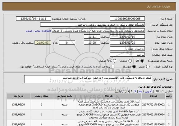 استعلام کیتها مربوط به دستگاه کمی لومینسانس و در انصار شرکت آریا فارمد میباشد 