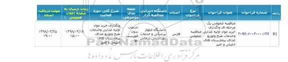 مناقصه ، مناقصه واگذاری خرید مواد اولیه غذایی و خدمات طبخ و...
