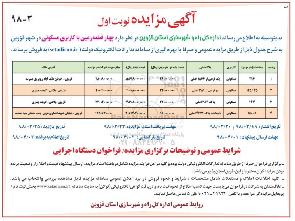 مزایده مزایده فروش چهار قطعه زمین با کاربری مسکونی نوبت اول