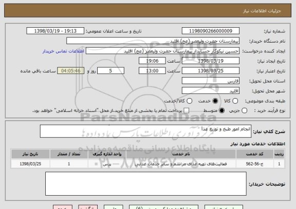 استعلام انجام امور طبخ و توزیع غذا
