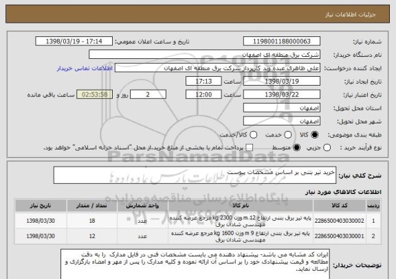 استعلام خرید تیر بتنی بر اساس مشخصات پیوست