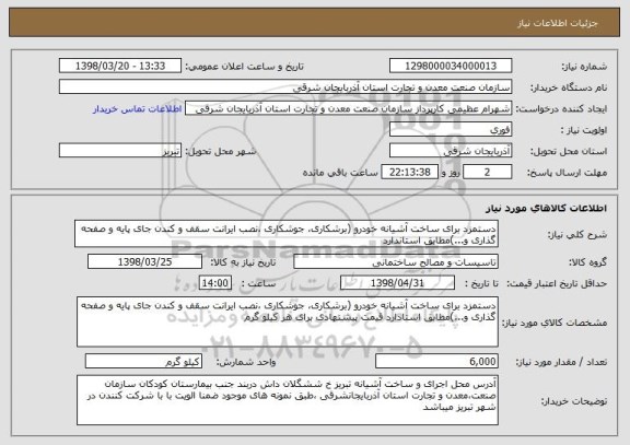 استعلام دستمزد برای ساخت آشیانه خودرو (برشکاری، جوشکاری ،نصب ایرانت سقف و کندن جای پایه و صفحه گذاری و...)مطابق استاندارد