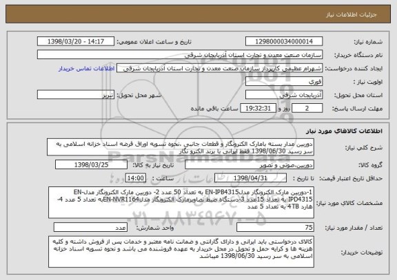 استعلام دوربین مدار بسته بامارک الکترونگار و قطعات جانبی ،نحوه تسویه اوراق قرضه اسناد خزانه اسلامی به سر رسید 1398/06/30 فقط ایرانی با برند الکترو نگار