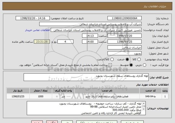 استعلام لوله گذاری روستاهای سطح شهرستان بجنورد 