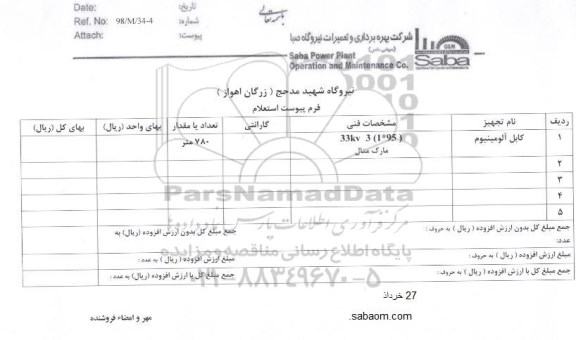 استعلام, استعلام کابل آلومینیوم 