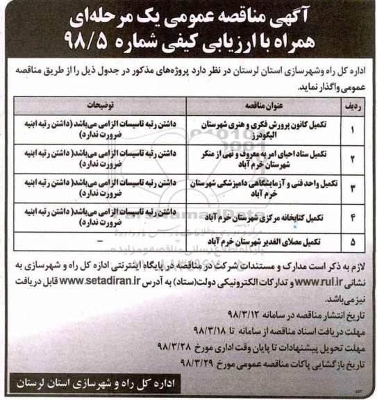 مناقصه, مناقصه تکمیل کانون پرورش فکری و هنری... 