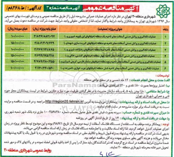 آگهی مناقصه عمومی, مناقصه عملیات لکه گیری و روکش دستی آسفالت معابر...