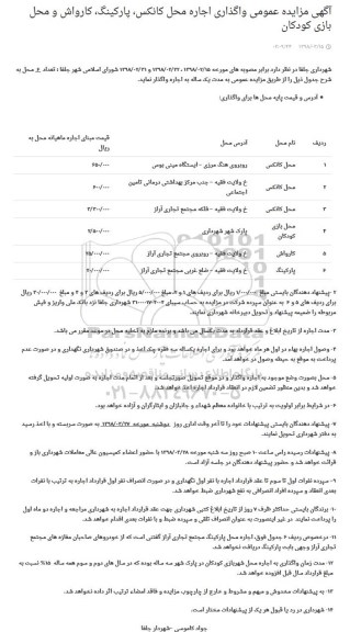  مزایده عمومی واگذاری اجاره محل کانکس، پارکینگ، کارواش و محل بازی کودکان