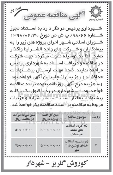 مناقصه عمومی لکه گیری آسفالت معابر و ... 