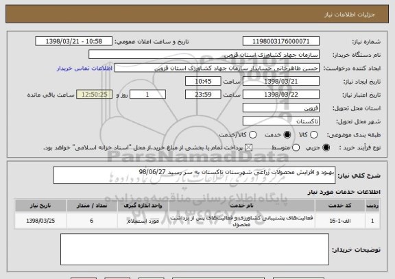 استعلام بهبود و افزایش محصولات زراعی شهرستان تاکستان به سر رسید 98/06/27