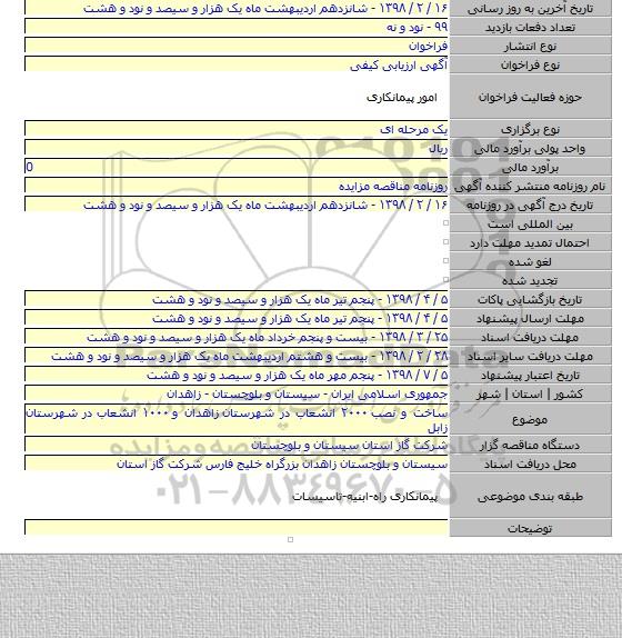 ساخت و نصب ۲۰۰۰ انشعاب در شهرستان  زاهدان و ۱۰۰۰ انشعاب در شهرستان زابل